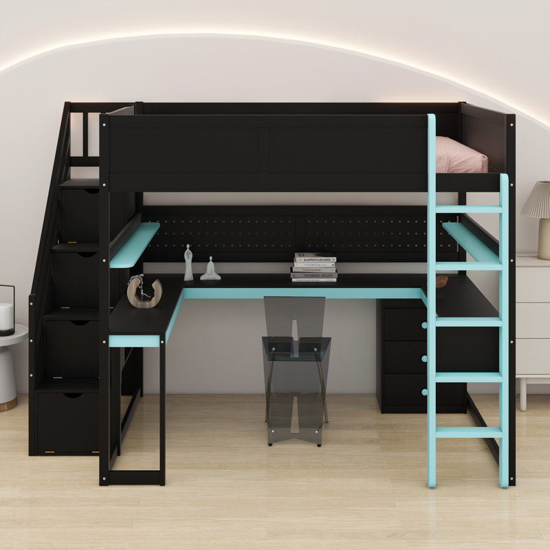 Lit mezzanine en bois multifonctionnel avec configuration de jeu, marches de rangement, bureau et panneau perforé d'organisation