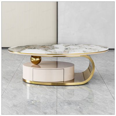 Table basse ovale de luxe avec tiroir, plateau en verre imprimé et cadre doré brossé pour les salons modernes
