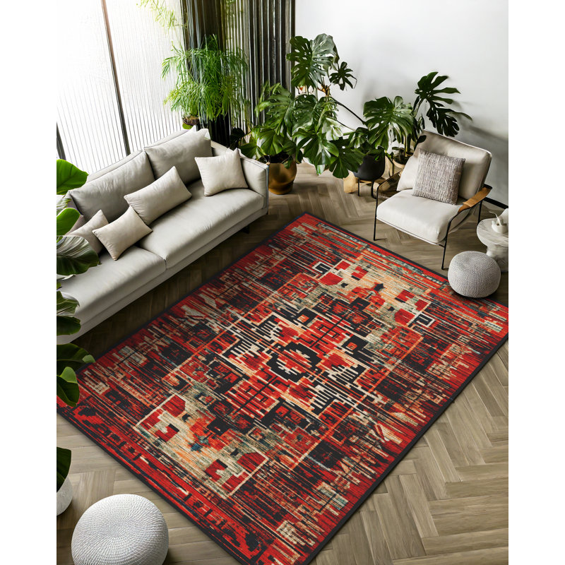 Jateen Collection Digital Print Cotton-Polyester Blend Red Black Rug, Rectangle 5'3" x 9'11"