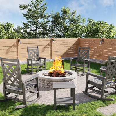 4-Piece Outdoor Rocking Chair Set with 2 Side Tables, Oversized HDPE Adirondack Chairs, Wood Grain Texture, Weather-Resistant, 380 lbs Capacity by Red Barrel Studio