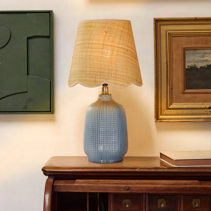 Ceramic Table Lamp with Scallop Shade, Navy Blue