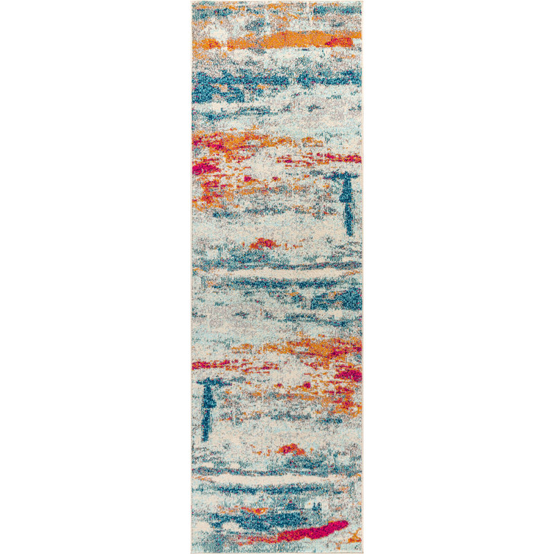 Lasley Contemporary POP Modern Abstract Brushstroke Cream/Blue Rug, Runner 2'3" x 8'