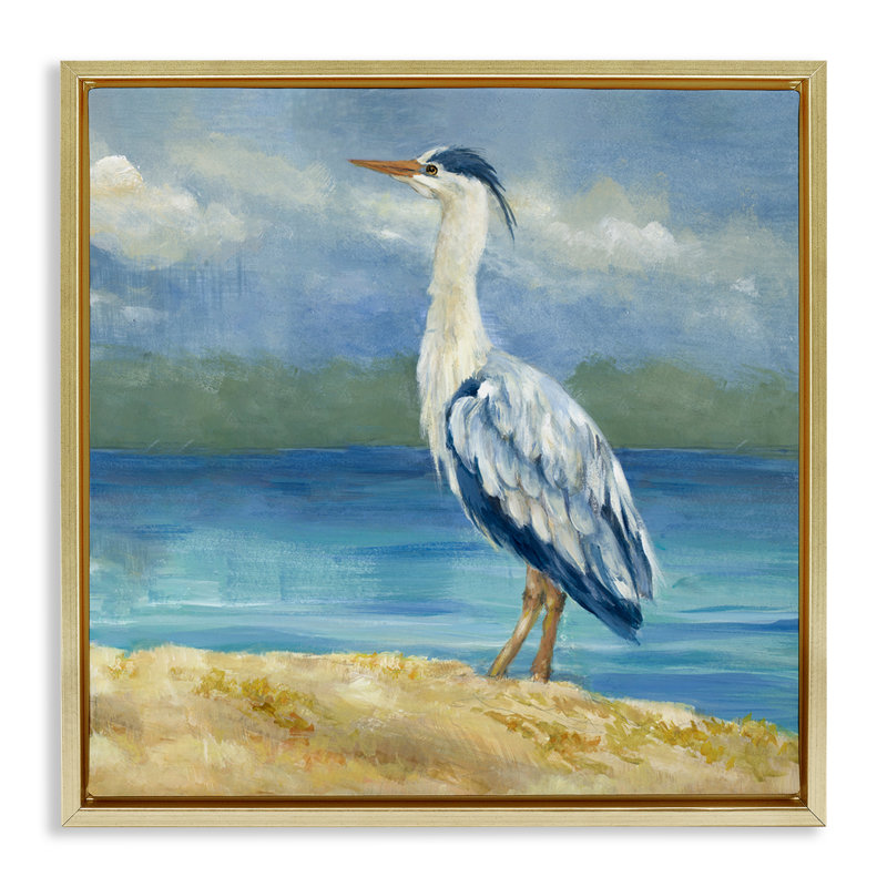 «Heron on Cloudy Beach», art mural sur toile flottante par Lanie Loreth, Cadre flottant métallique doré, 25" H x 25" W
