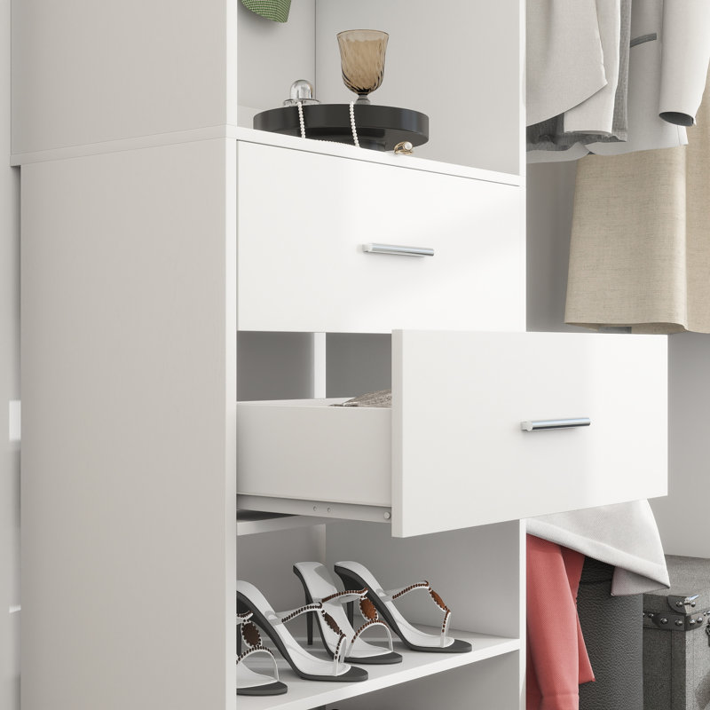 120" × 39“ Closet System With Door And Wooden Drawers(Adjustable Width), White
