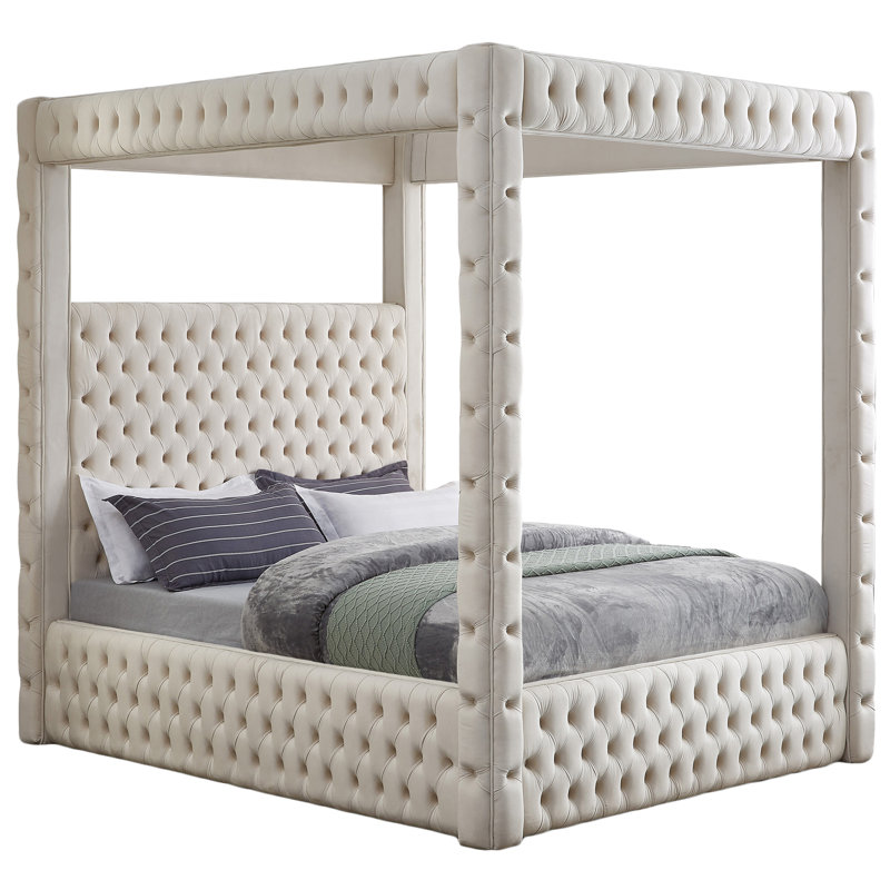 Très grand lit plateforme tapissier Ekke, Velours beige, Grand