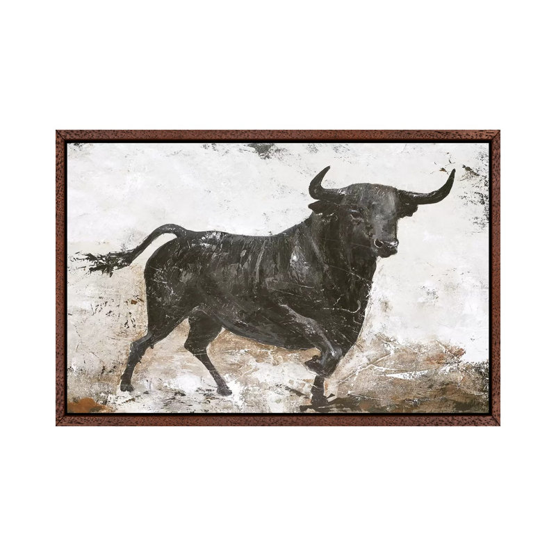 Black Bull - Print on Canvas, Classic Brown Wood Framed, 45.72cm H x 66.04cm W x 3.81cm D