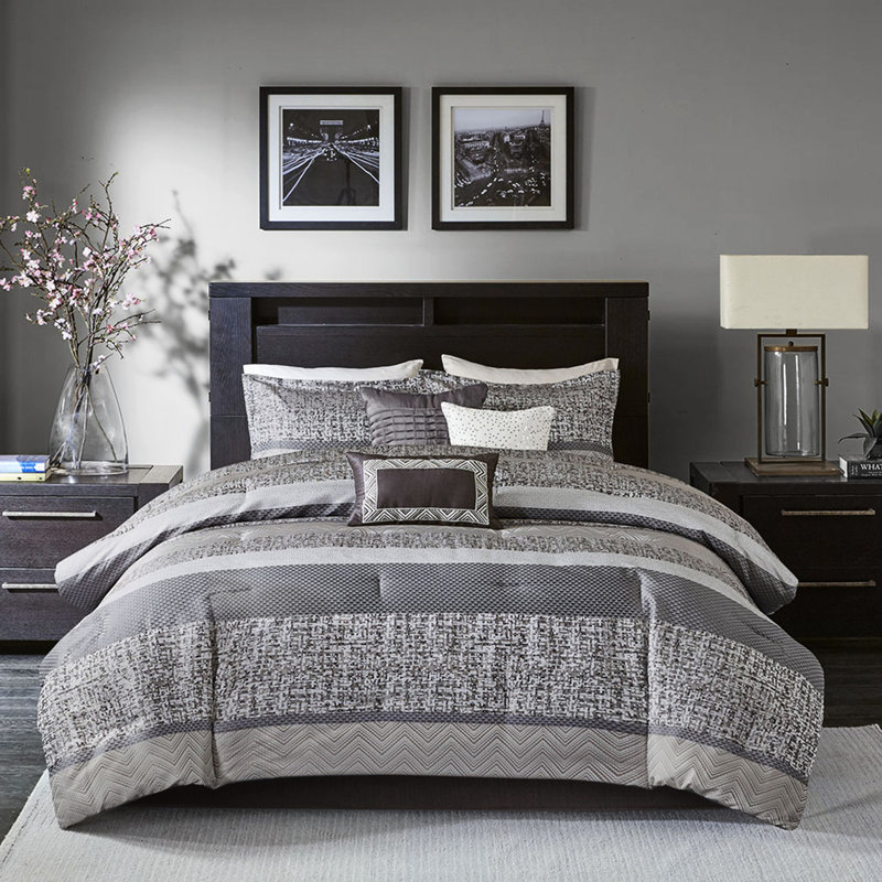 Grey/Taupe 7 Piece Comforter - King With Drop Machine Washable, Gray+Taupe