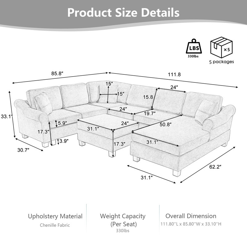 111.8" U-Shaped Chenille Sectional Sofa - 6-Seater with Movable Storage Ottoman, 330 lb/Seat Capacity, Dark Gray Chenille