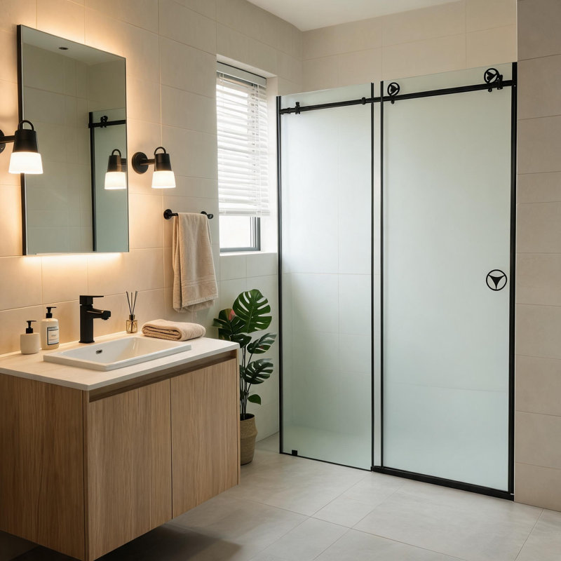 Porte de douche coulissante sans cadre, noir mat, 152 cm x 193 cm, avec verre transparent