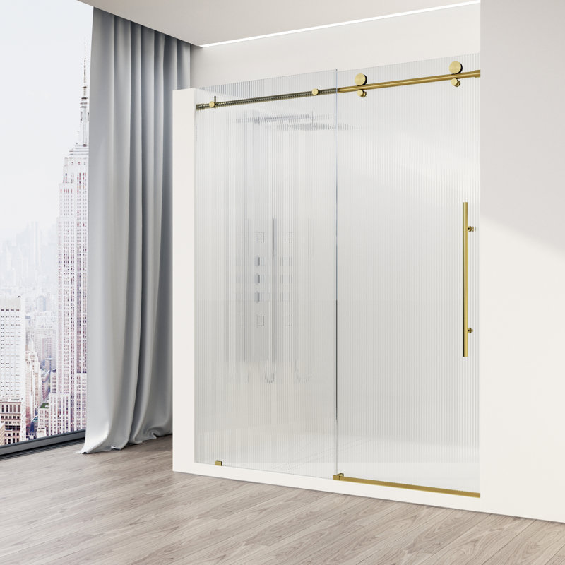 Porte de douche coulissante sans cadre avec verre cannelé 3/8 po Elan E 56 po x l 76 po, Or, Droite