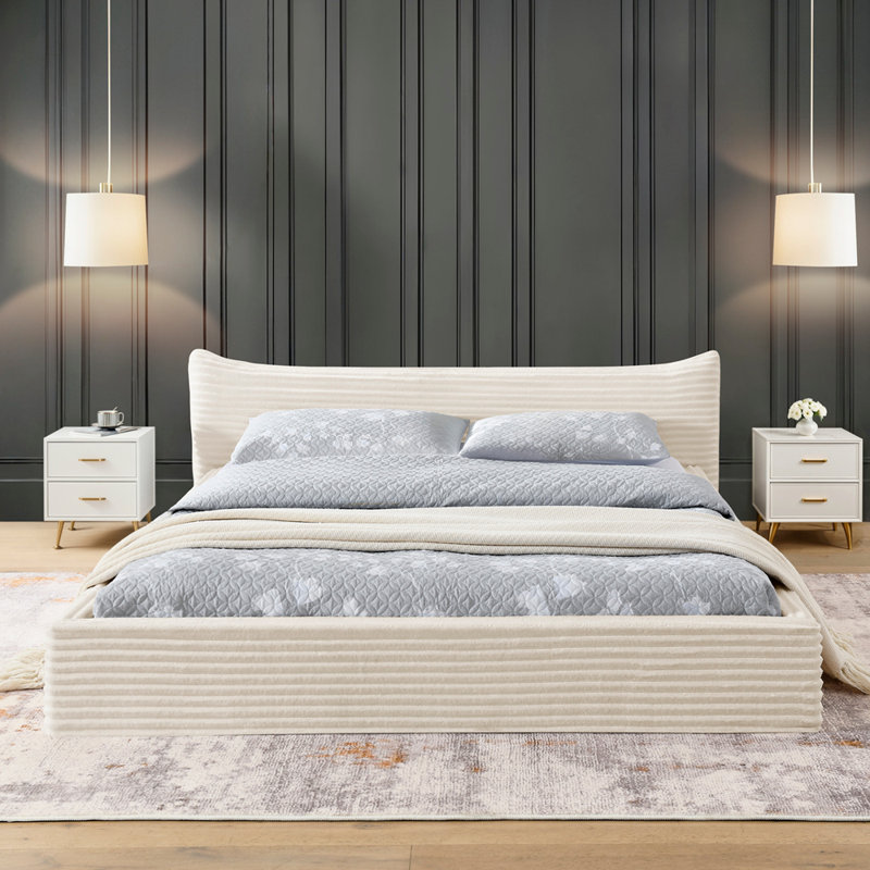 Structure de lit tapissier grand lit et tissu de velours, lit plateforme avec tête de lit courbée décorative et structure en bois massif, aucun sommier requis