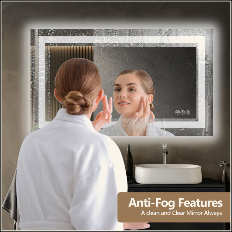 Miroir de salle de bain sans cadre à DEL avec éclairage à intensité variable et antibuée, intelligent et écoénergétique