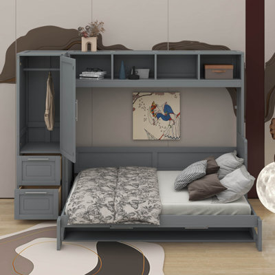 Lit escamotable double avec placard et tiroirs