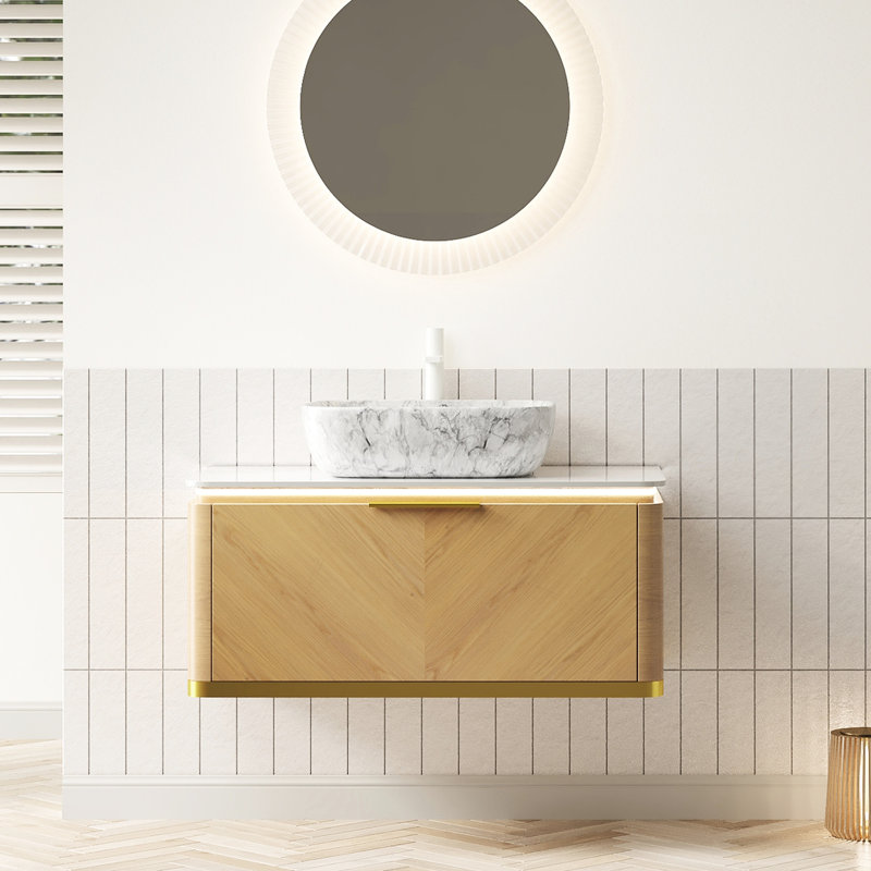 Meuble-lavabo de 36 po avec contreplaqué multicouche, poignées dorées, système de fermeture en douceur et plateau en pierre frittée à haute dureté, vasque en marbre blanc pré-assemblée