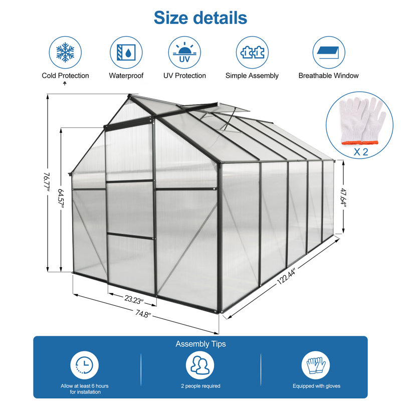 Solara Modern Walk-In Greenhouse with Adjustable Roof and Durable Aluminum Frame, 122.44" W, Black
