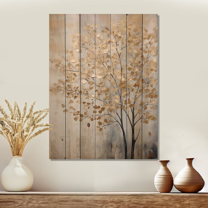 Minimalisme, scène d'arbres bleus et dorés - art mural panneau d'arbres sur bois de pin naturel, H 32 po x l 24 po