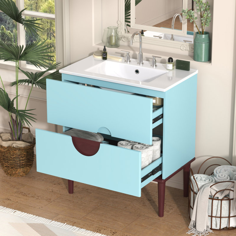 Ensemble de meuble-lavabo 30 po avec lavabo en céramique, armoire de rangement moderne avec 2 tiroirs, cadre en bois massif, bleu