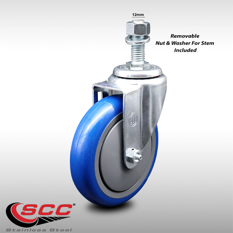 5 Inch SS Polyurethane Wheel Swivel 12mm Threaded Stem Caster SCC, Blue