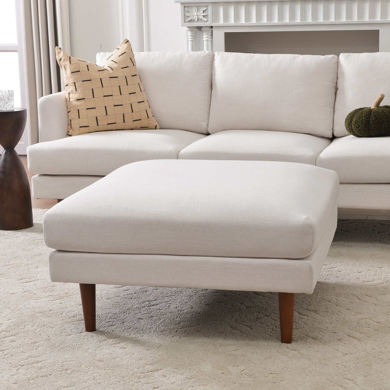 Miller 36" Linen Ottoman, Ivory, 19" H x 36" W x 36" D