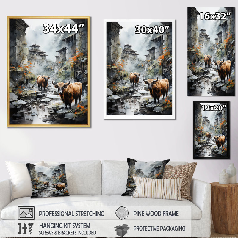 Yaks Urban visiteur - art mural sur toile Yaks, Cadre flottant noir, H 32 po x l 16 po