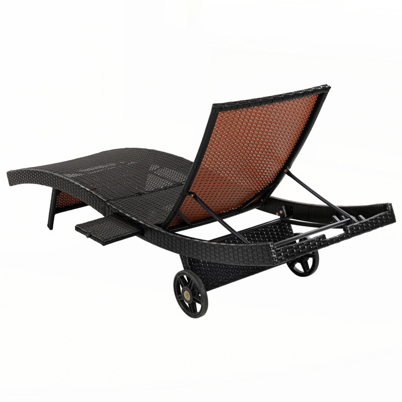 Outdoor Rattan Reclining Lounge Chair w/ Rolling Wheels & Pull-out Side Table, Black/Brown
