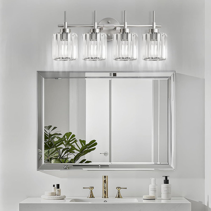 Luminaire de meuble-lavabo en cristal, miroir de salle de bain 4 lumières au fini nickel brossé, applique murale ronde moderne pour la salle de bain, le salon et le vestibule