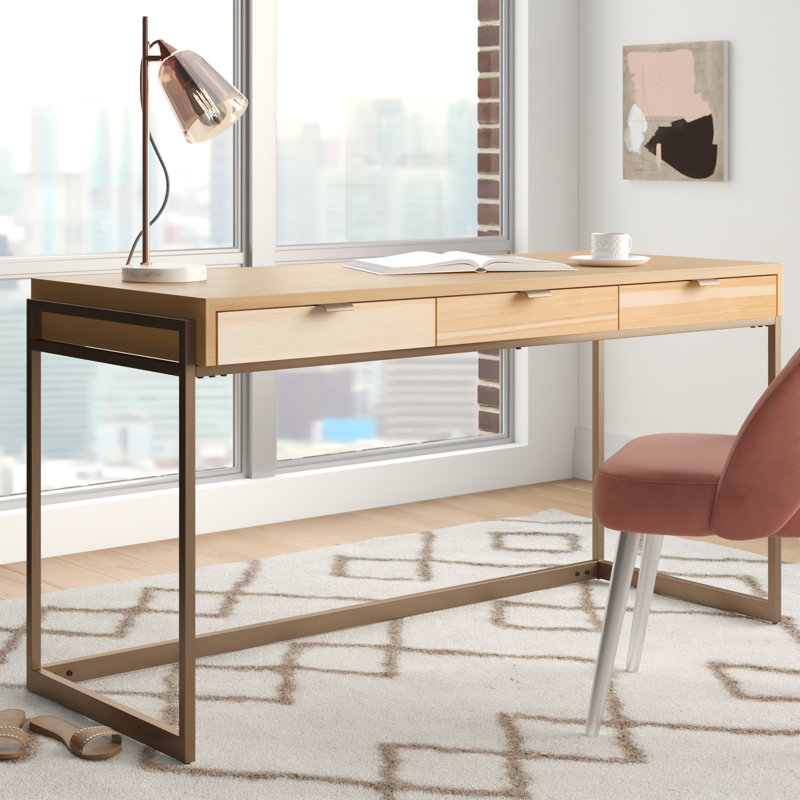 Ariquer Solid Wood Top Metal Base Writing Desk, Walnut/Antique Brass