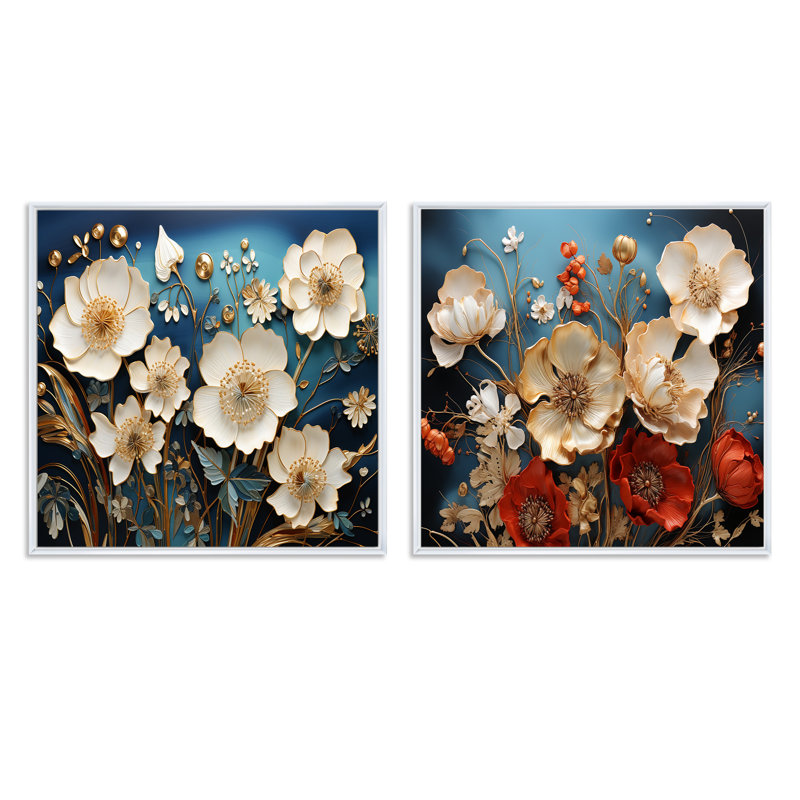 Souvenirs de coquelicots Souvenirs de fleurs - Ensemble de 2 collages floraux carrés, Cadre flottant blanc, H 36 po x l 73 po
