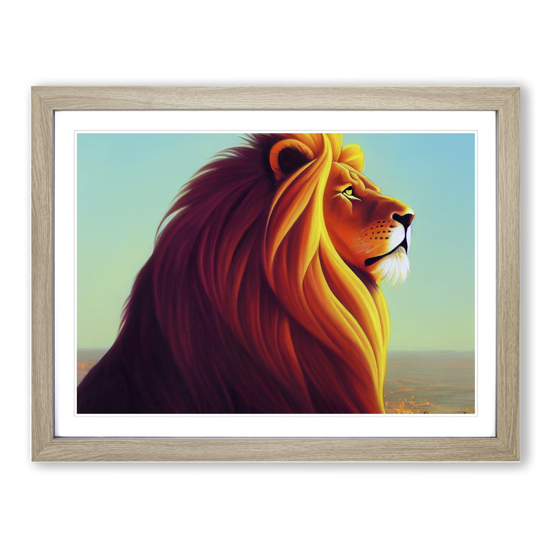 Fabulous Lion - Single Picture Frame Painting, 34cm H x 46cm W x 2cm D, Oak