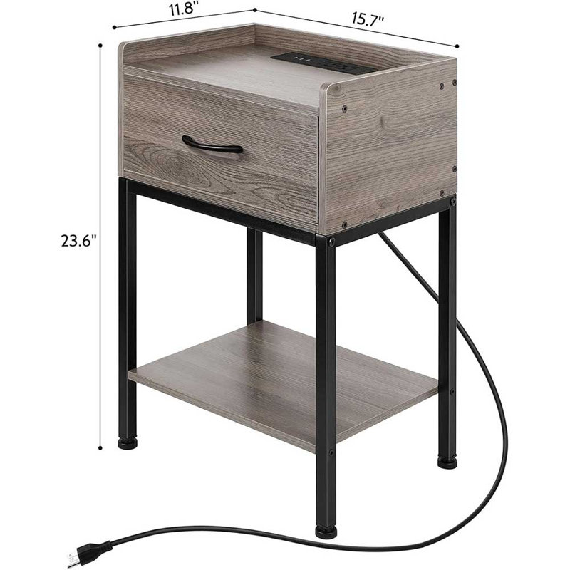 Table de chevet moderne avec station de charge, table d'appoint à 2 niveaux avec tiroir et tablette ouverte, port USB, finition chêne gris