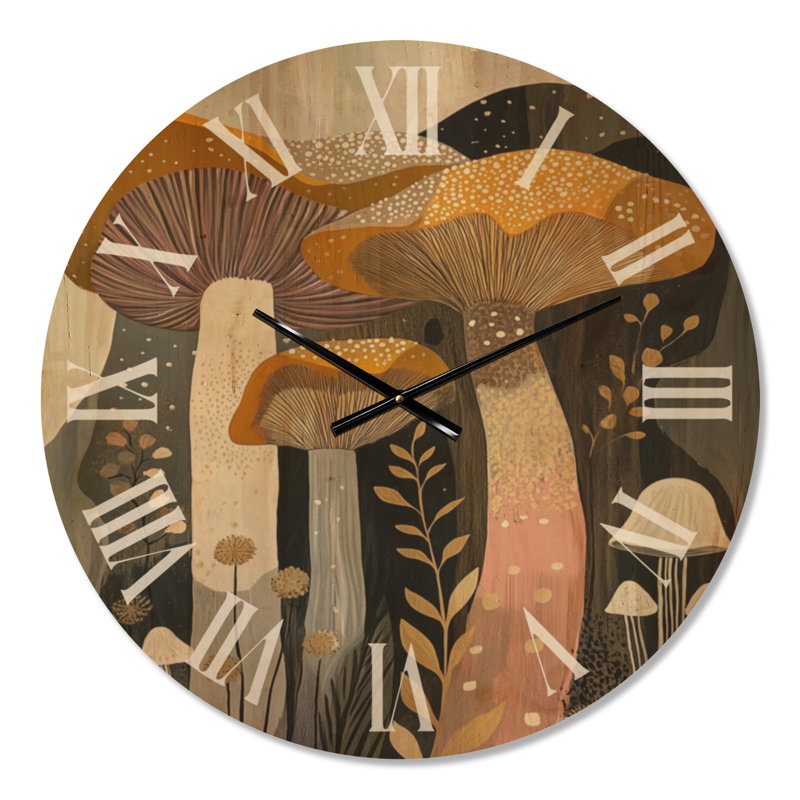 Horloge murale en bois massif Orange Cottage, style folk art : Champignons et Prairie -, Large