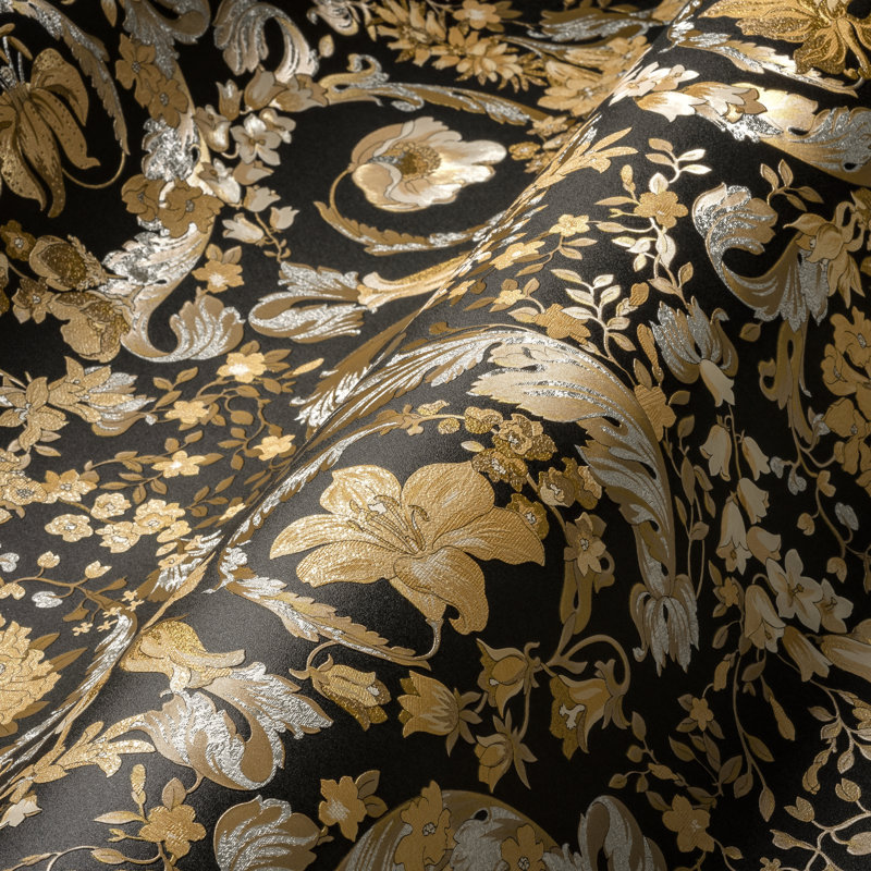  Papier peint en vinyle Butterscotch Empress, Noir / or / argent / gris