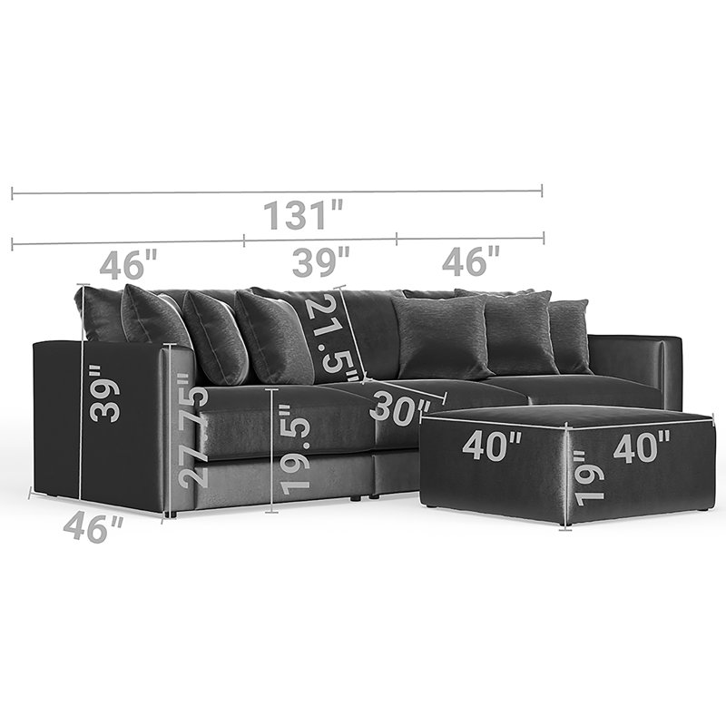 Canapé surdimensionné trois pièces avec repose-pieds assorti Rondale, Mélange de polyester gris