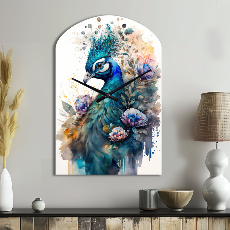 «Cute Peacock Floral Art II», horloge murale asymétrique en métal, Grand