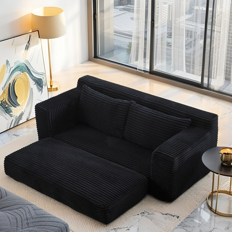Canapé-causeuse avec mousse à mémoire de forme et structure en acier - sans assemblage, conception convertible 2-en-1, tissu en velours côtelé - canapé compact pour les petits espaces, les appartements, le bureau à domicile et la chambre à coucher (noir)