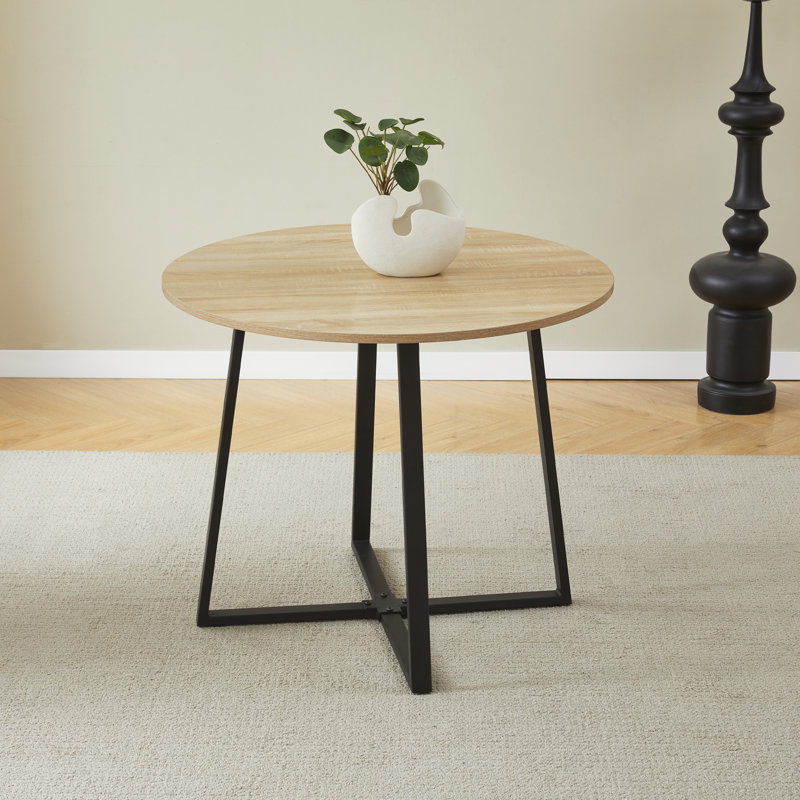 Otrange Round Metal Base Dining Table, Natural Wood