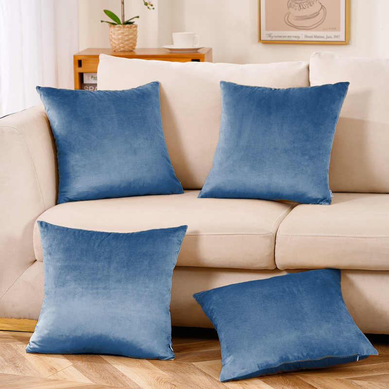 Set Of 4 Throw Velvet Cushion Covers, Dark Blue, 20"H x 20"W