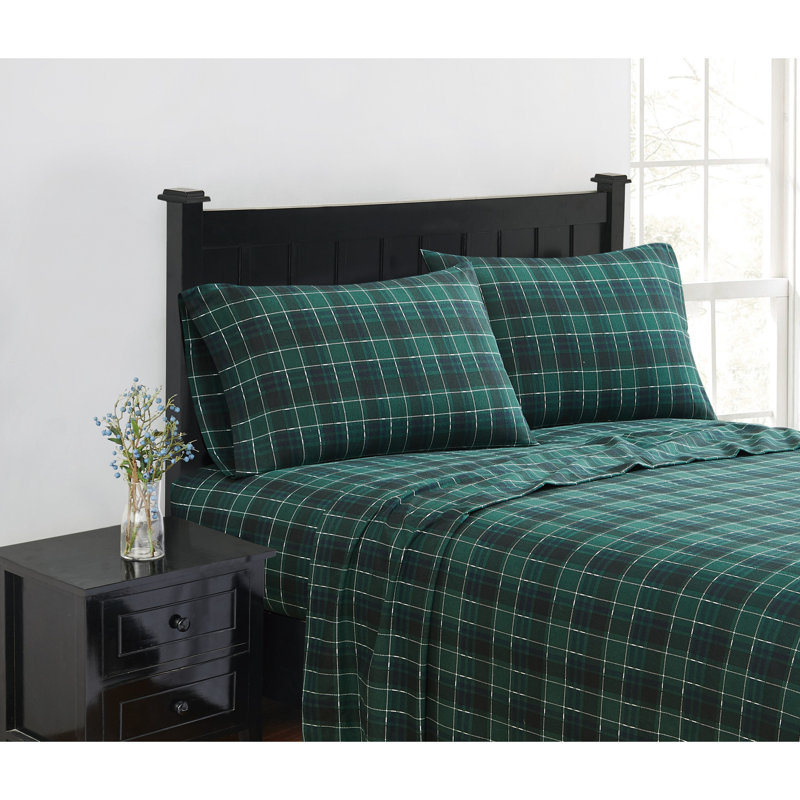 London Fog Classic Cozy Solid Flannel Sheets, Queen Sheet Set + Fitted Sheet + 2 Pillowcases, Plaid, White/Grey