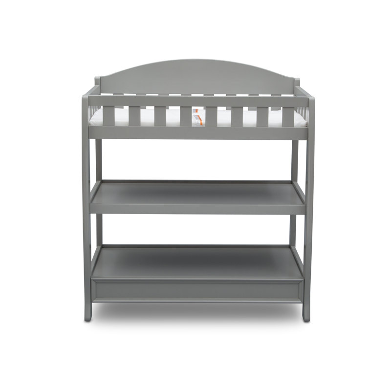 Gray Wooden Changing Table with Safety Strap and Shelves