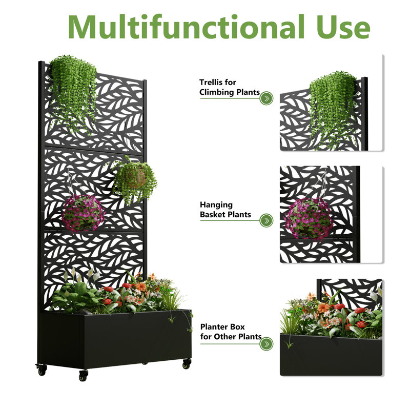 Outdoor Metal Planter Box with Wheels, Black