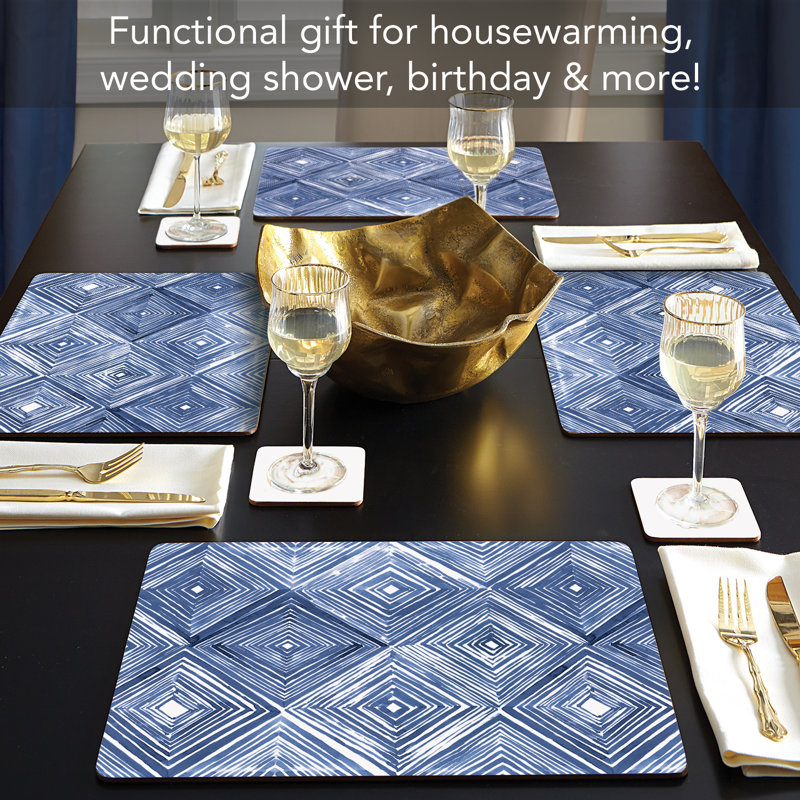 Blue and White Geometric Hardboard Placemats with Cork Backing, Set of 4
