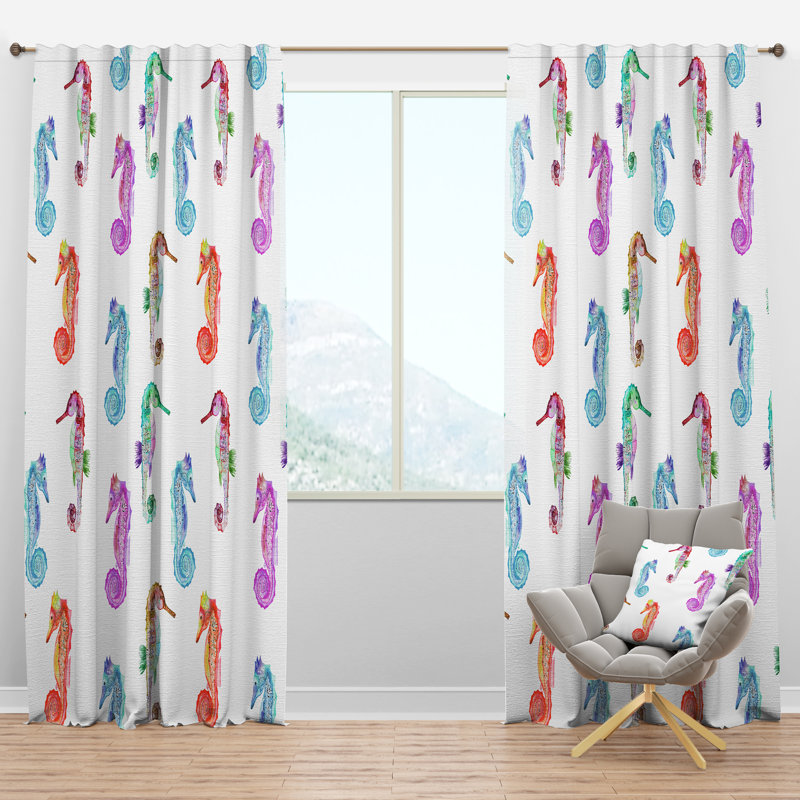Motif avec hippocampes multicolores - Rideau en velours nautique - obscurcissant - 1 panneau, l 52 po x L 120 po