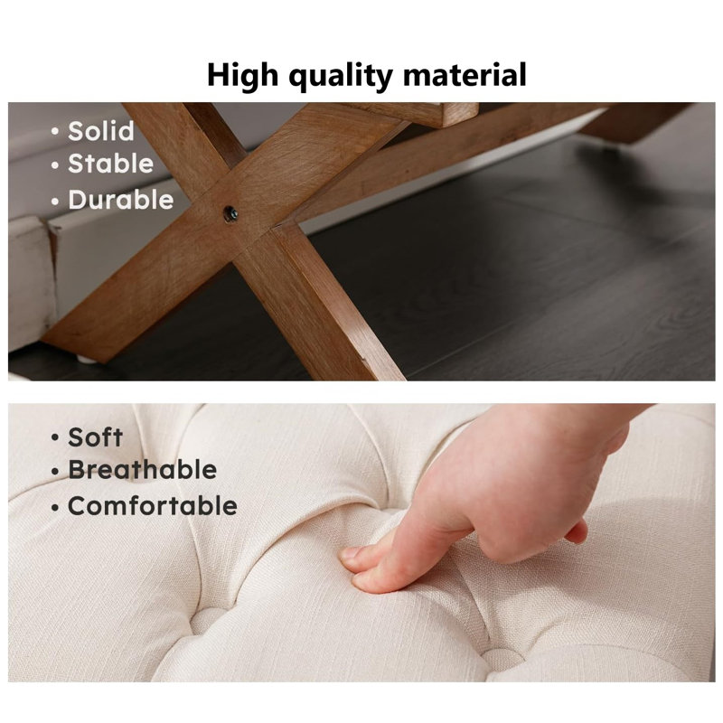 Beige Tufted Linen Storage Bench with X-Shaped Legs