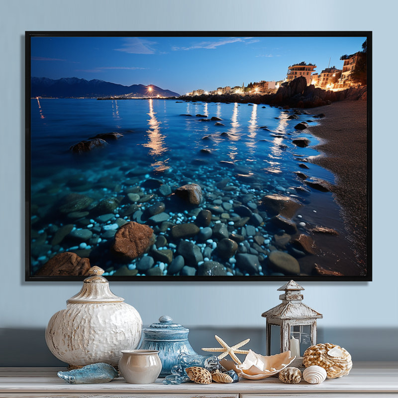 Coucher de soleil sur une plage de mer méditerranée italienne - plage et océan, art mural, Toile avec cadre flottant noir