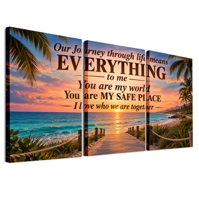 Sunset Beach Pathway With Palm Trees And Large Set Of 3 Canvas Wall Art