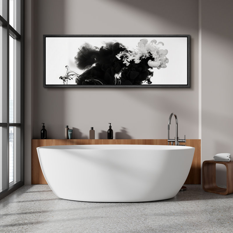 Toile abstraite abstraite à l'encre noire et blanche encadrée, Noir