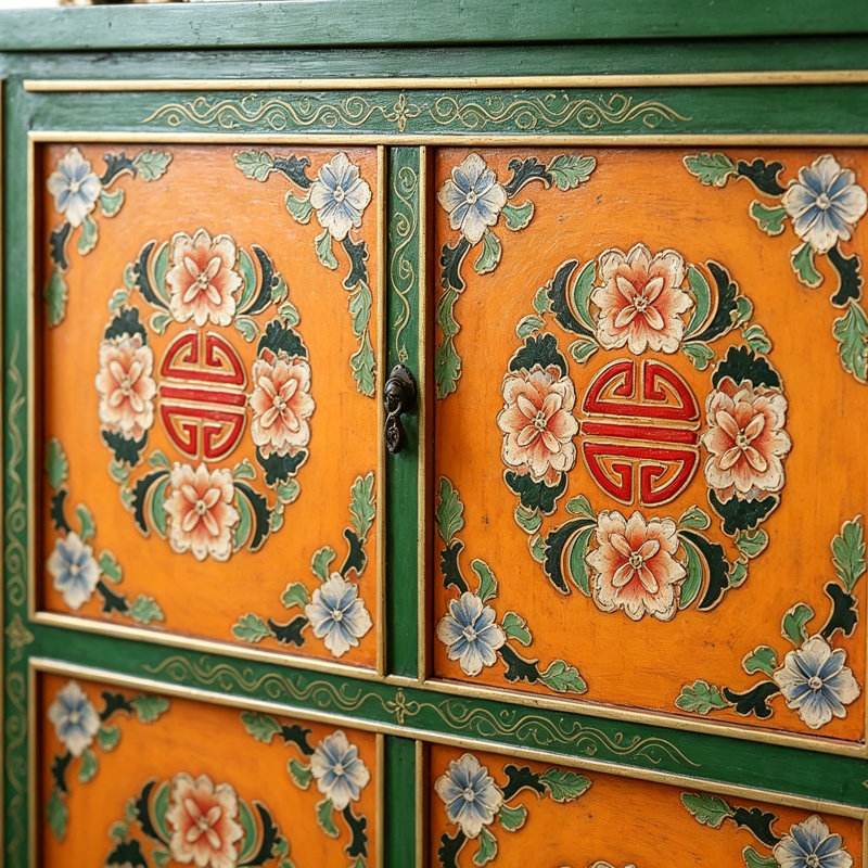 Commode vintage peinte à la main vieillie, Black / Green, Green