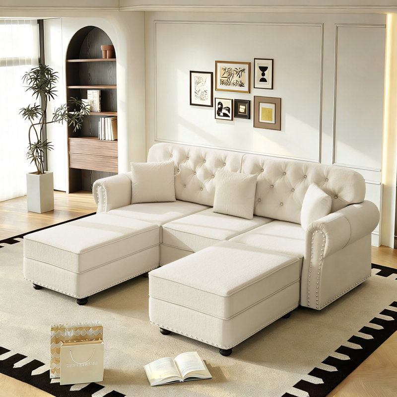 Canapé Chesterfield Mid-Century, Beige / Blanc