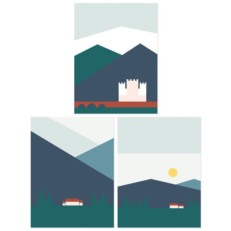 Geometric Bold Scottish Mountain Countryside House Castle Landscape - 3 Piece No Frame Print Set, Multicoloured Green