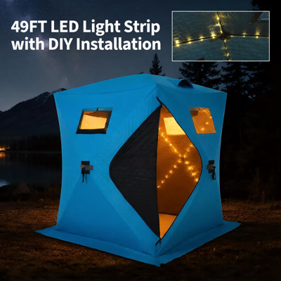 Tente de pêche sur glace isotherme pour 3 à 4 personnes - abri thermique coupe-vent 210D avec bande lumineuse à DEL de 50,5 pi, installation rapide et sac de transport - bleu, avec boîte à lumière (non électrique), 70,8 x 70,8 x 77,74 po